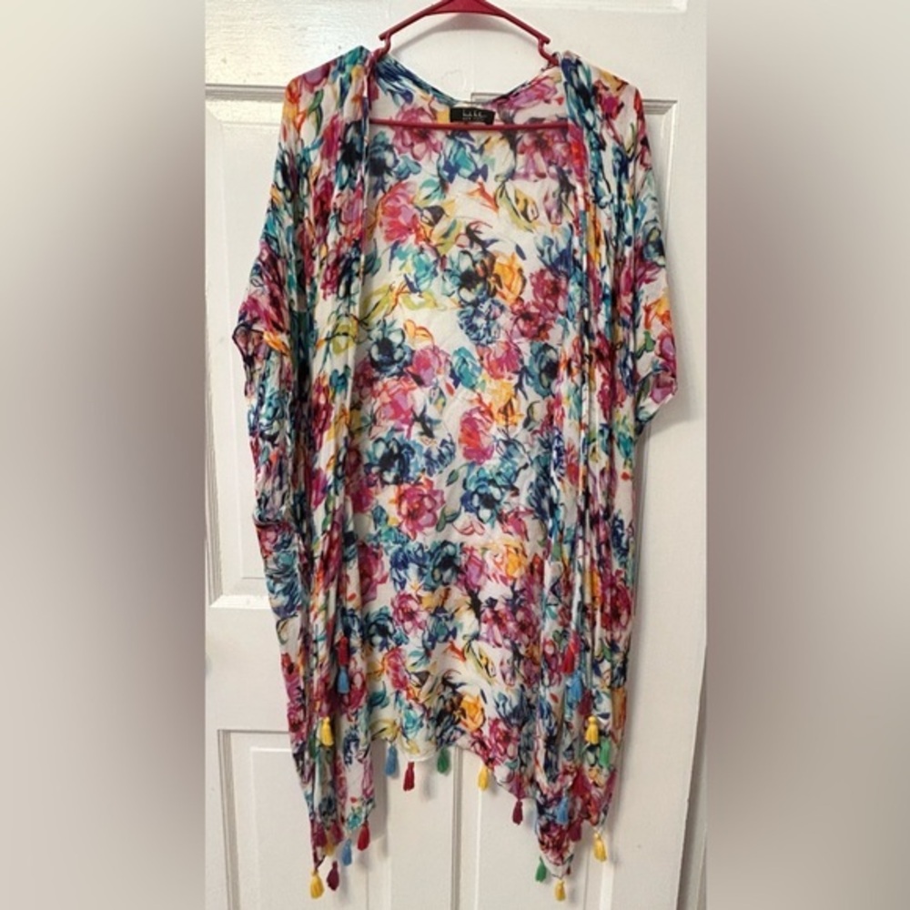 Nicole Miller Floral Kimono Cover Up | Bright Colorful Thin Gauzy Soft Tassels